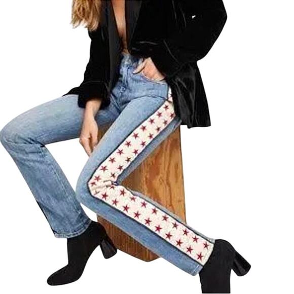 Scotch & Soda Free People Jeans Straight Leg Satin Star Embroidered Blue 28 x 32 - Picture 1 of 12